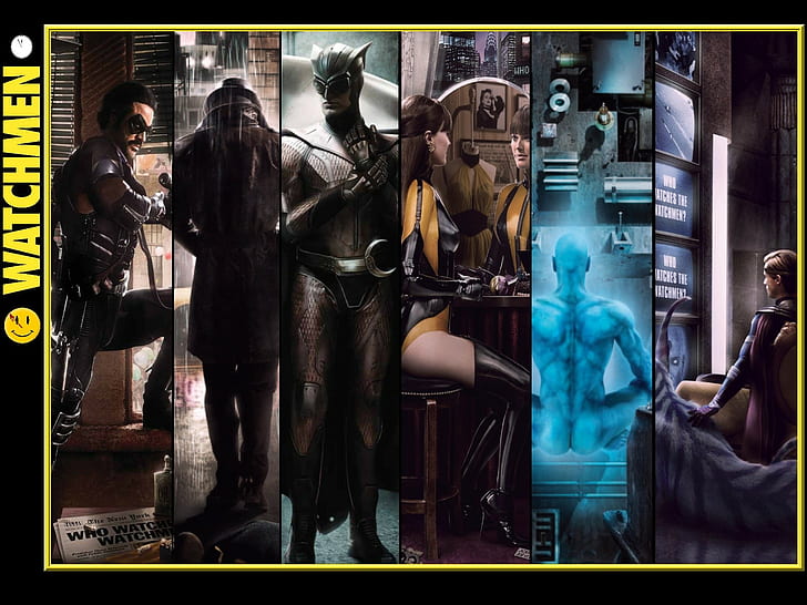 Watchmen, Silk Spectre, Komedian, Ozymandias, Nite Owl, Rorschach, Dr. Manhattan, panel, kolase, film, Wallpaper HD