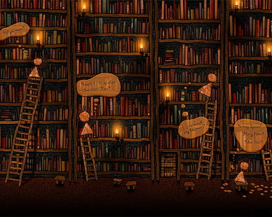 book lot illustration, books, library, Vladstudio, artwork, HD wallpaper HD wallpaper