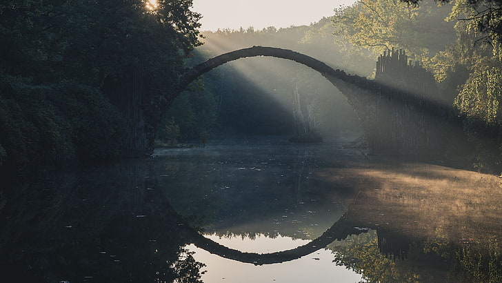 pont en béton sur plan d'eau, photographie, pont, sentiers de lumière, Fond d'écran HD