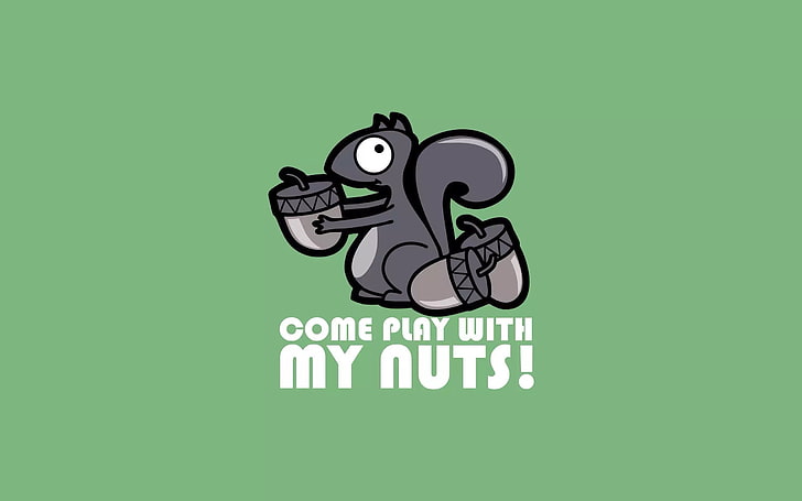 graue Eichhörnchenillustration mit Textüberlagerung, Minimalismus, Eichhörnchen, Nüsse, Spaß, HD-Hintergrundbild