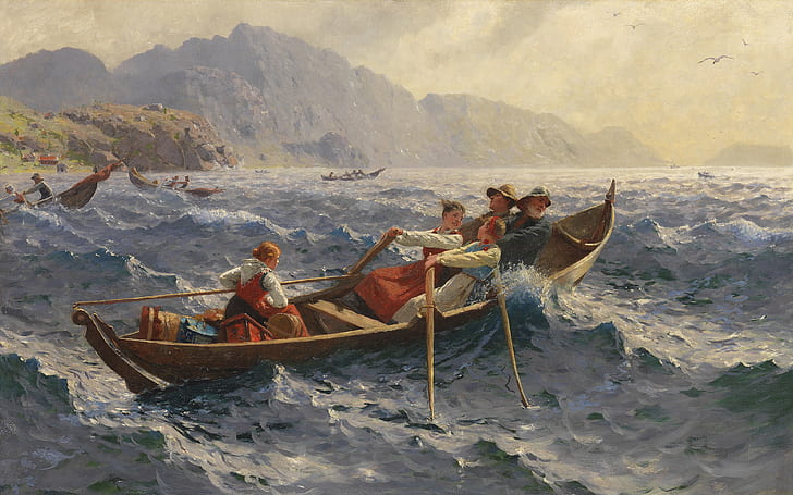 Pintor noruego, 1900, Hans Dahl, Stormy Crossing of the Fjord, La rápida transición a través del fiordo, Fondo de pantalla HD