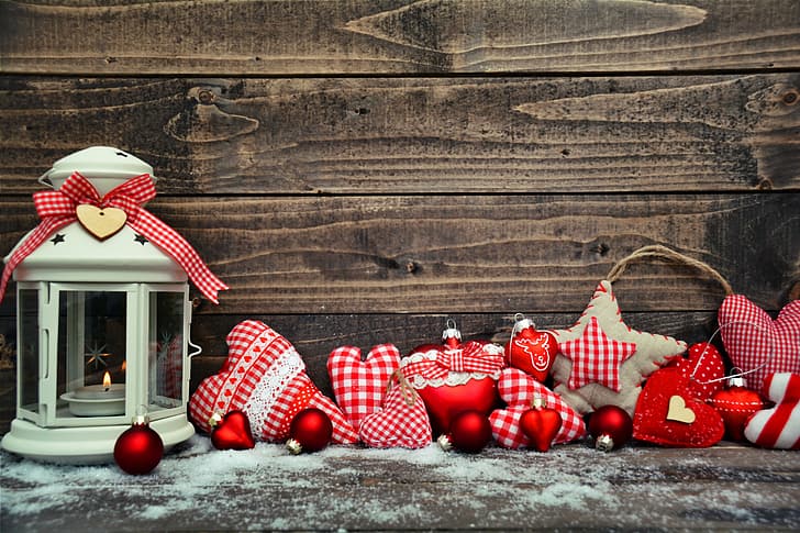 decoration, toys, New Year, Christmas, lantern, balls, heart, wood, snow, merry christmas, xmas, HD wallpaper