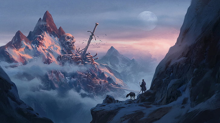 skull and sword illustration, mountains, giant, sword, skeleton, bones, clouds, snow, mist, skull, fantasy art, HD wallpaper