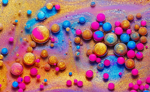 Colorful Paint, Glitter, Bubbles, Macro, Aero, Colorful, Drops, Color, Bubbles, Bright, Photography, Macro, Glitter, Vivid, liquid, vibrant, sparkle, ChemicalReaction, BubbleBursting, HD wallpaper HD wallpaper