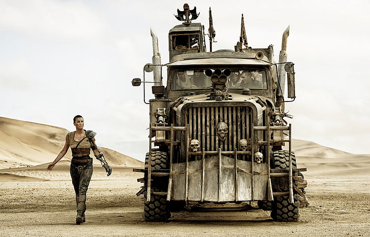 Mad Max movie still screenshot, Charlize Theron, truck, the front, tractor, Mad Max, Fury Road, this moment, Road rage, HD wallpaper