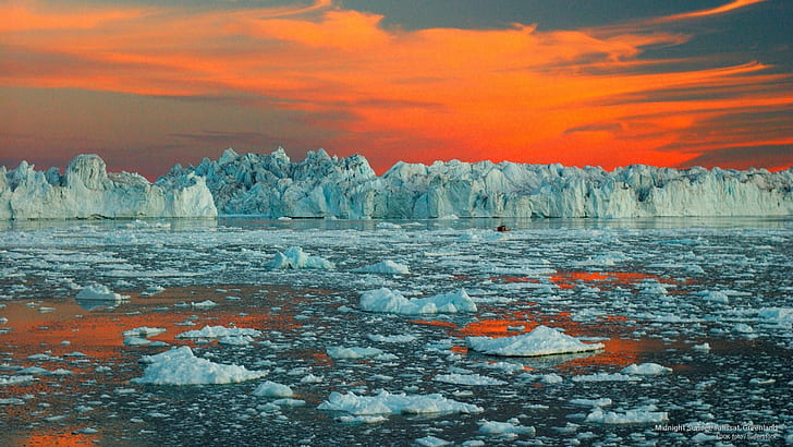 자정 일몰, Ilulissat, 그린란드, 자연, HD 배경 화면