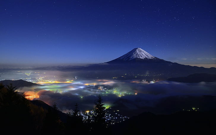 ธรรมชาติ, ภูมิประเทศ, กลางคืนที่เต็มไปด้วยดวงดาว, ภูเขา, วิวเมือง, หมอก, ยอดเขาที่เต็มไปด้วยหิมะ, แสง, ยอดเขา, ภูเขาไฟฟูจิ, ญี่ปุ่น, ภูเขาไฟฟูจิในญี่ปุ่น, ธรรมชาติ, ทิวทัศน์, กลางคืนที่เต็มไปด้วยดวงดาว, ภูเขา, ทิวทัศน์ของเมือง, หมอก, ยอดเขาที่เต็มไปด้วยหิมะ, แสง, สตรีท, ภูเขาฟูจิ, วอลล์เปเปอร์ HD