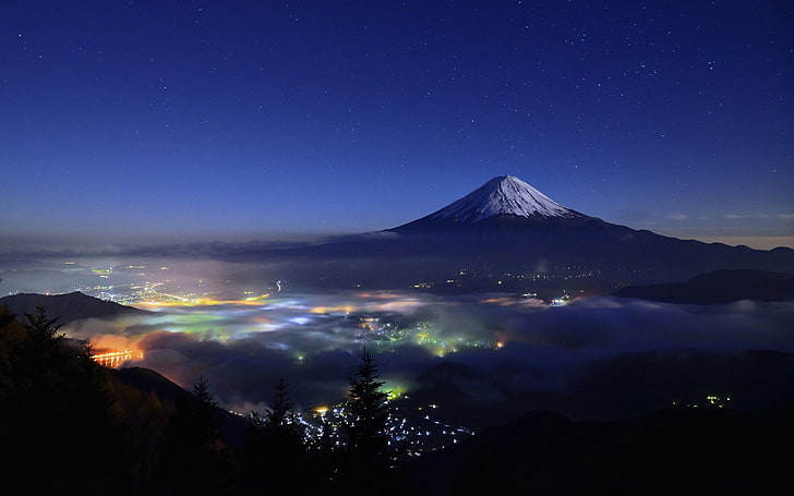 Mt. Fuji, silhouette of volcano, nature, landscape, starry night, mountains, cityscape, mist, snowy peak, lights, trees, Mount Fuji, Japan, HD wallpaper