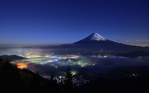 snowy peak, lights, landscape, nature, mist, trees, cityscape, Mount Fuji, Japan, starry night, mountains, HD wallpaper HD wallpaper