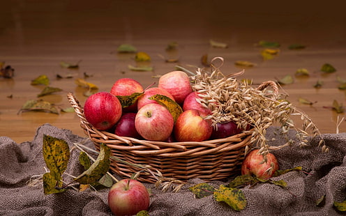 りんごのバスケット、りんごと茶色の枝編み細工品フルーツバスケット、写真、1920x1200、りんご、バスケット、 HDデスクトップの壁紙 HD wallpaper