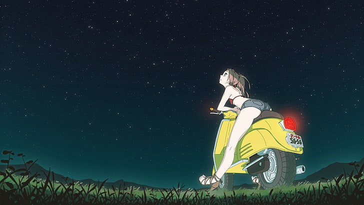 Haruhara Haruko, motocicleta, mujeres con bicicletas, noche, FLCL, chicas anime, Fondo de pantalla HD