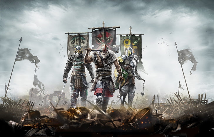 три воина приближаются к цифровым обоям, иллюстрация Assassin's Creed, For Honor, видеоигры, самураи, викинги, концепт-арт, воин, рыцарь, война, тамплиеры, флаг, HD обои