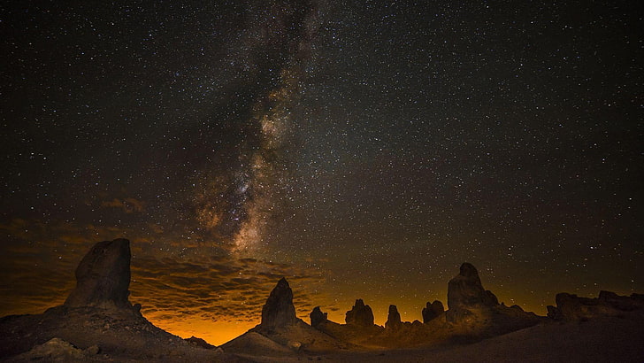 desert, stars, milky way, rock, night sky, sky, starry, HD wallpaper