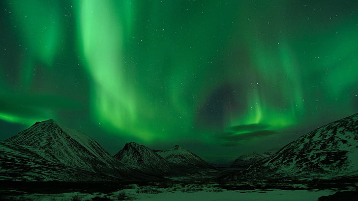 northern lights, aurorae, landscape, sky, mountains, night, HD wallpaper