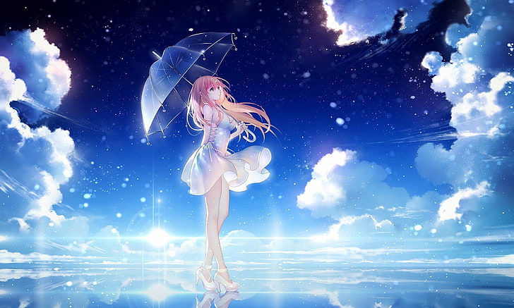 personagem de anime feminino em papel de parede digital vestido branco, anime, meninas anime, pernas, cabelos longos, céu, nuvens, camisa aberta, vestido, cabelo rosa, guarda-chuva, Tidsean, salto alto, HD papel de parede