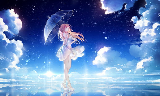 personagem de anime feminino em papel de parede digital vestido branco, anime, meninas anime, pernas, cabelos longos, céu, nuvens, camisa aberta, vestido, cabelo rosa, guarda-chuva, Tidsean, salto alto, HD papel de parede HD wallpaper