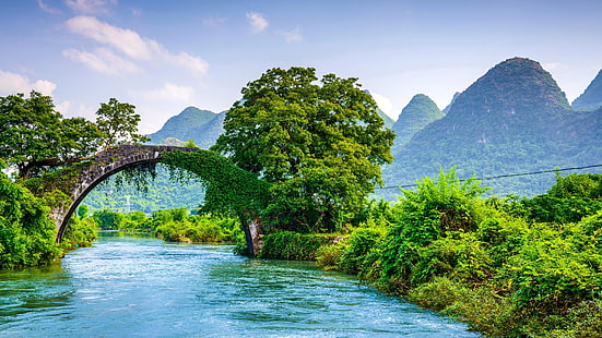 park, yulong nehri, yulong köprüsü manzara alanı, yulong köprüsü, guangxi, çin, çin, dağ, köprü, banka, gökyüzü, nehir, ağaç, su, yeşil, doğa, nehirler, HD masaüstü duvar kağıdı HD wallpaper