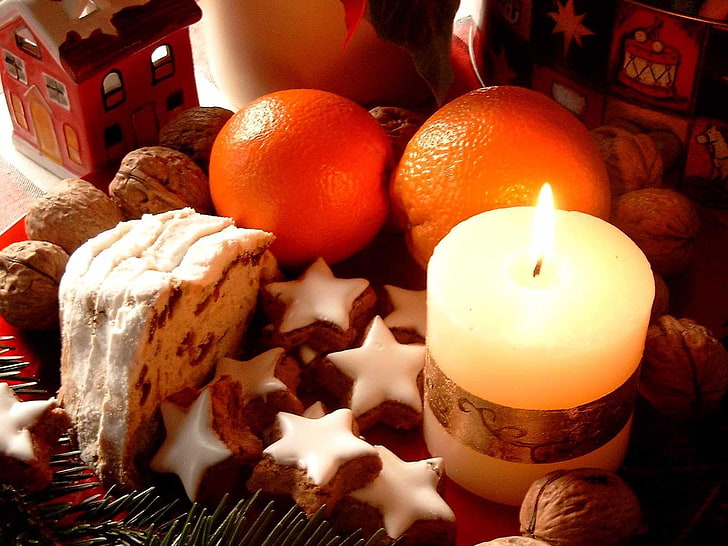 white pillar candle, candle, oranges, cookies, HD wallpaper