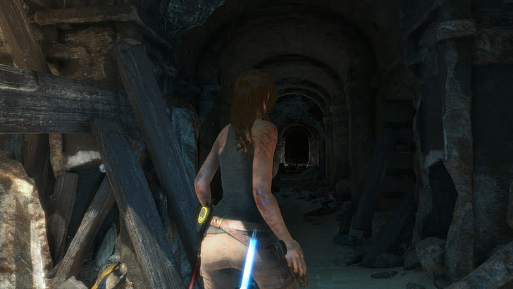 Rise of the Tomb Raider, Lara Croft, cicatrices, vista trasera, tumba, Fondo de pantalla HD