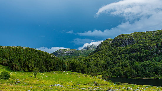 nature, mountain, landscape, mountains, highland, valley, sky, grass, grassland, hill, summer, travel, field, scenery, meadow, tourism, trees, rural, tree, forest, rock, scenic, farm, clouds, peak, hills, outdoors, land, pasture, river, countryside, water, outdoor, geological formation, alps, agriculture, alpine, high, vacation, scene, HD wallpaper HD wallpaper