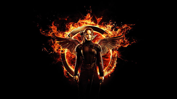 The Hunger Games, The Hunger Games: Mockingjay - Part 1, Fire, Jennifer Lawrence, Katniss Everdeen, Wings, HD wallpaper