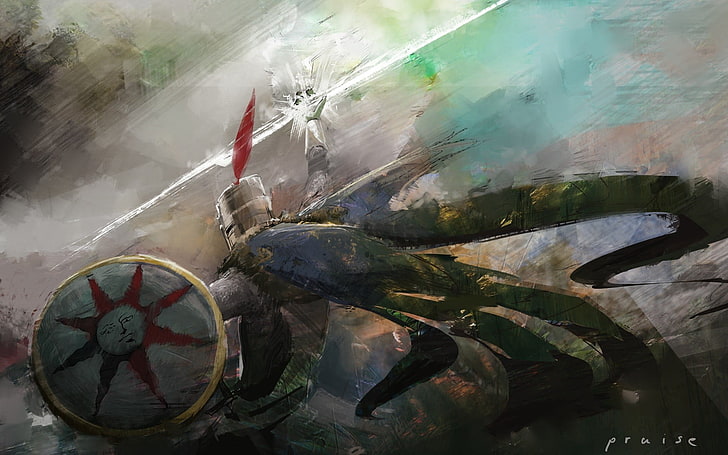 warrior holding sphere painting, Dark Souls, Solaire, video games, knight, warrior, HD wallpaper