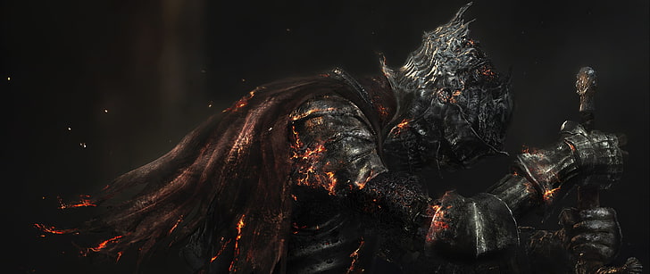 guerreiro blindado segurando ilustração de espada, ultra-amplo, Dark Souls, videogame, Dark Souls III, HD papel de parede