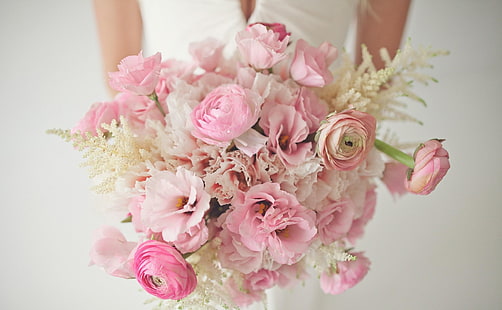 pink bouquet flowers, ranunkulyus, flowers, bouquet, bride, tenderness, HD wallpaper HD wallpaper