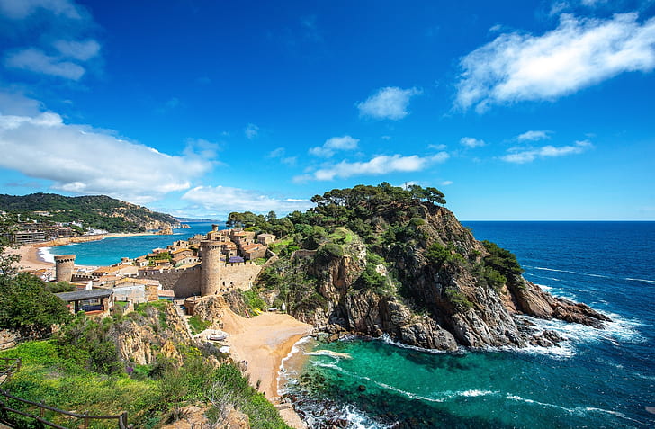 Създадено от човека, село, замък, крайбрежие, Испания, Вила Вела (Тоса де Мар), HD тапет