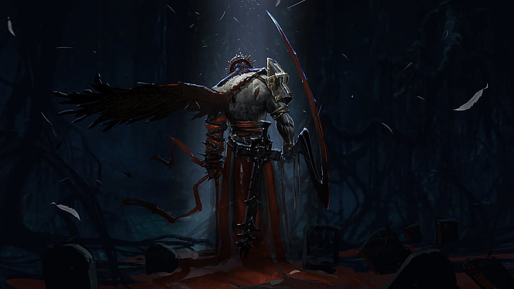 character holding weapon wallpaper, Dante, cemetery, crown, cross, tombstones, night, armor, dark, red, blood, white, Dante's Inferno, video games, HD wallpaper