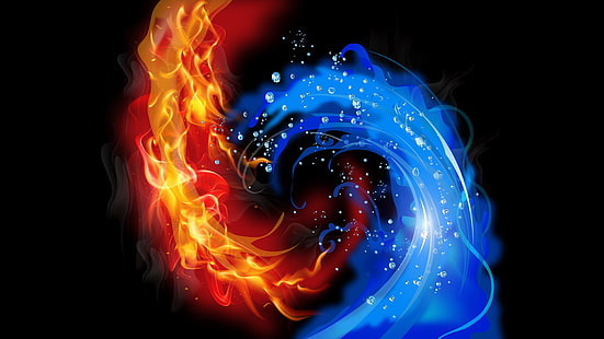Feuer- und Eistapete, Zusammenfassung, schwarzer Hintergrund, Feuer, Wasser, Vektor, HD-Hintergrundbild HD wallpaper