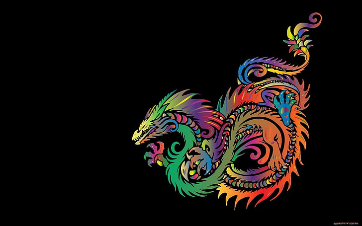 decoración de dragón de colores variados, minimalismo, arte de fantasía, dragón, colorido, Fondo de pantalla HD