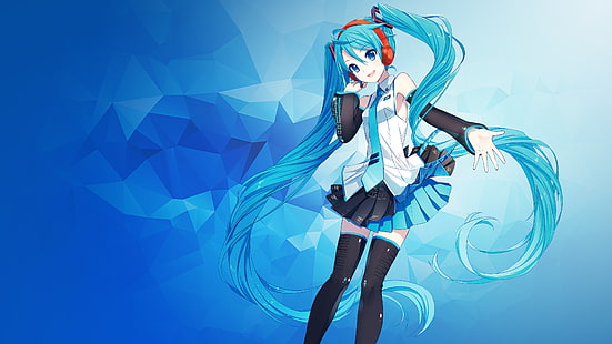 4K, аниме момиче, Hatsune Miku, полигони, синьо, HD тапет HD wallpaper