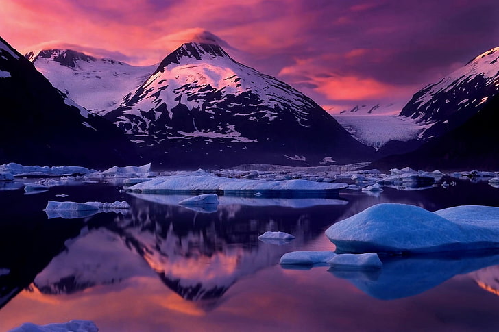 fotografi tutupan gunung oleh salju, gletser, dingin, pegunungan, matahari terbenam, alam, Alaska, puncak bersalju, refleksi, lanskap, langit, es, air, awan, musim dingin, Wallpaper HD
