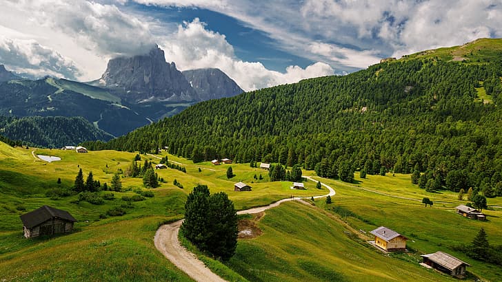 Italy, nature, landscape, road, field, house, forest, mountains, sky, clouds, HD wallpaper