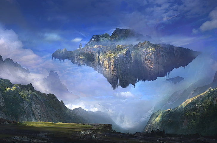 île du ciel, flottant, montagne, nuages, ciel, oeuvre d'art, fantaisie, Fond d'écran HD
