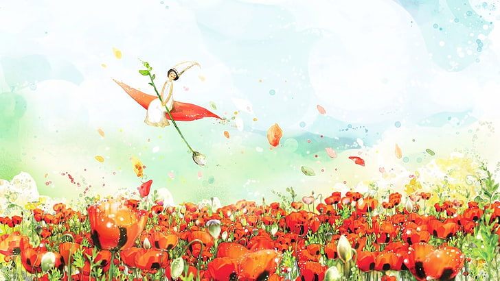 the sky, clouds, fantasy, figure, spring, petals, fairy, watercolor, poppy field, Thumbelina, fabulous picture, flight on the petal, flowers poppies, HD wallpaper