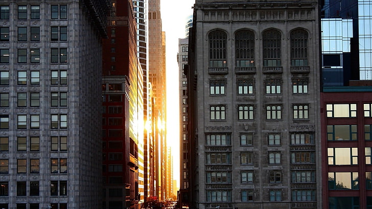 wieżowiec z szarego betonu, Chicago, budynek, słońce, architektura, Tapety HD
