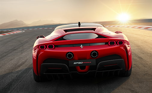 Ferrari, SF90, Stradale, състезателни автомобили, състезателни, червени, HD тапет HD wallpaper