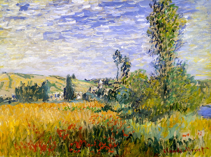 flores, árbol, cuadro, Claude Monet, paisaje en Vétheuil, Fondo de pantalla HD
