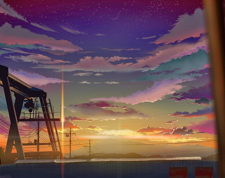 lukisan pelabuhan, awan, karya seni, suar, matahari terbenam, saluran listrik, tiang listrik, anime, langit, Wallpaper HD
