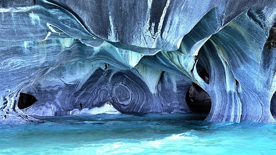 мраморни пещери, чили чико, пуерто рио транкило, чили, пещера, мрамор, син, пещера, лагуна, скала, тюркоаз, морска пещера, HD тапет HD wallpaper