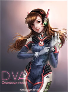 D.VA Overwatch fan art обои, аниме, аниме девушки, Overwatch, D.Va (Overwatch), боди, длинные волосы, брюнетка, карие глаза, наушники, HD обои HD wallpaper