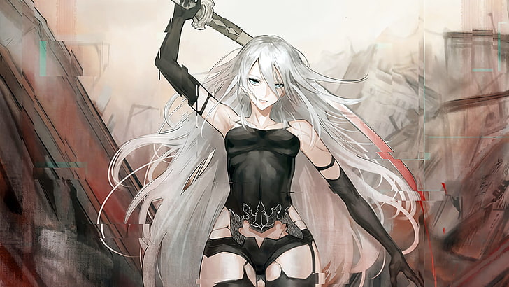 beyaz saçlı kılıç dijital duvar kağıdı tutan kadın anime karakteri, Nier: Automata, A2 (Nier: Automata), NieR, HD masaüstü duvar kağıdı