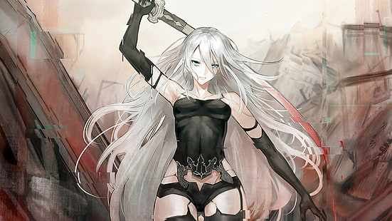 personaje de anime femenino con cabello blanco con fondo de pantalla digital de espada, Nier: Automata, A2 (Nier: Automata), NieR, Fondo de pantalla HD HD wallpaper