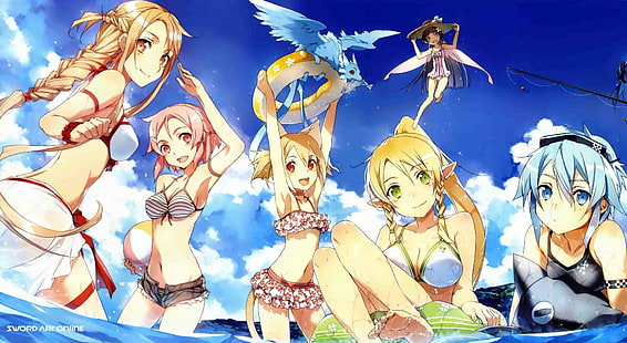 six personnages de dessins animés anime, Sword Art Online, Sword Art Online II, Asuna Yuuki, Leafa (Art de l'épée en ligne), Lisbeth (Art de l'épée en ligne), Silica (Art de l'épée en ligne), Sinon (Art de l'épée en ligne), Yui (Art de l'épéeEn ligne), Fond d'écran HD HD wallpaper