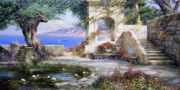 ภาพวาดสวนและม้านั่งภาพวาดศิลปะน้ำพุลานขั้นบันไดพืชพันธุ์ไครเมีย, วอลล์เปเปอร์ HD HD wallpaper