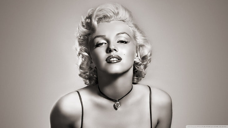 wanita, Marilyn Monroe, aktris, kalung, monokrom, wajah, Wallpaper HD
