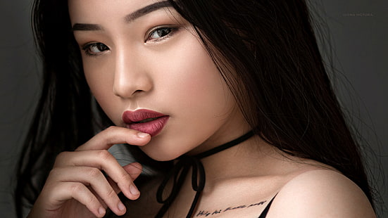 женщины, азиатка, тату, лицо, портрет, палец на губах, красная помада, HD обои HD wallpaper