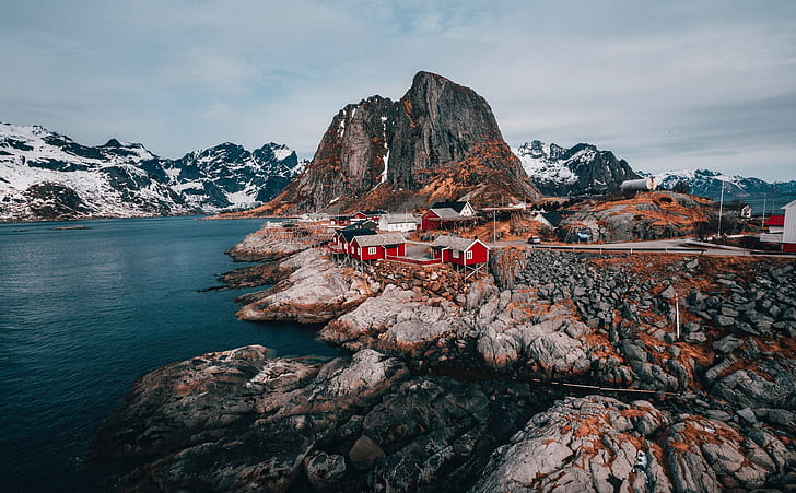 Norway Lofoten Islands Drone Photography, Europe, Norway, Landscape, LofotenIslands, Svolvaer, RedHouses, HD wallpaper